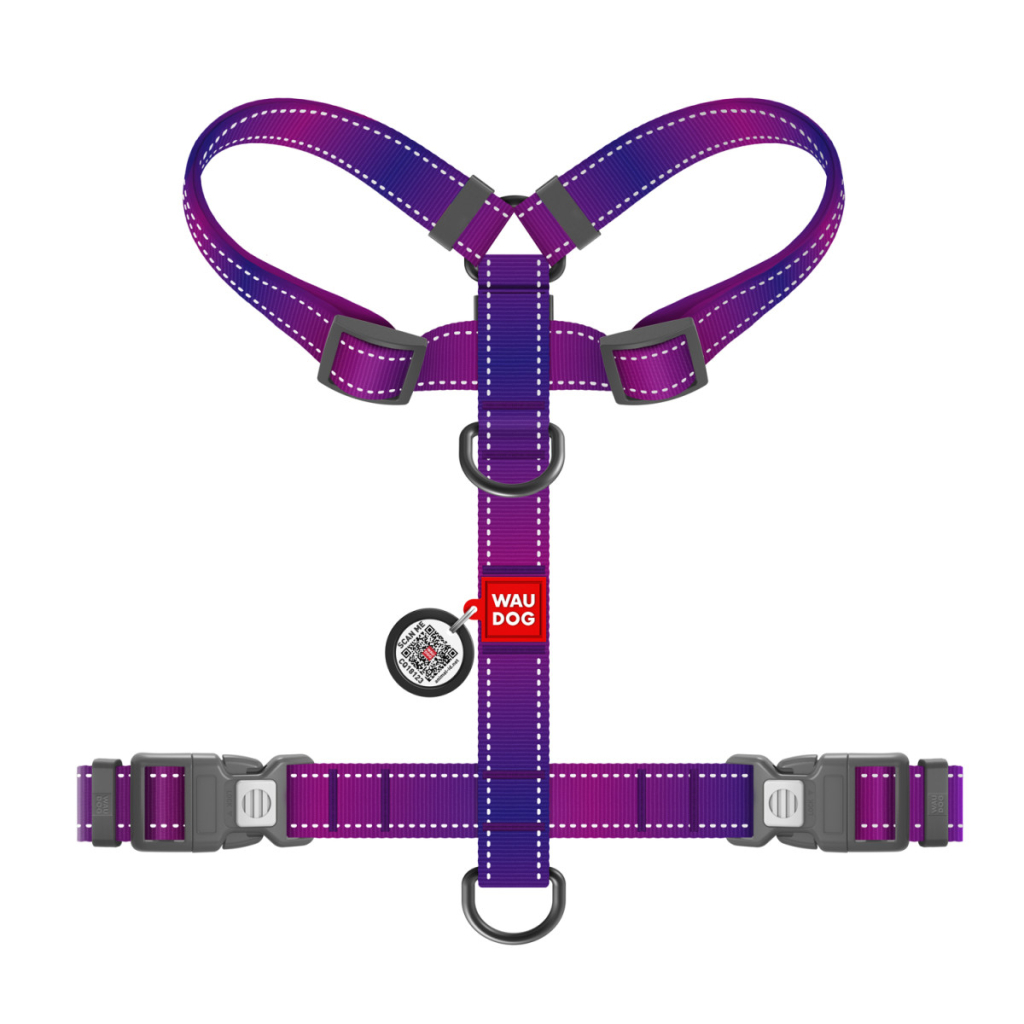 Шлея для собак WAUDOG Nylon Mono анатомічна H-подібна з QR паспортом, пластиковий фастекс, М фіолетова (54579)