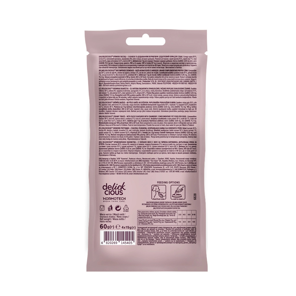 Ласощі для собак Delickcious з качкою та додаванням журавлини 4х15 г (4820269145405)