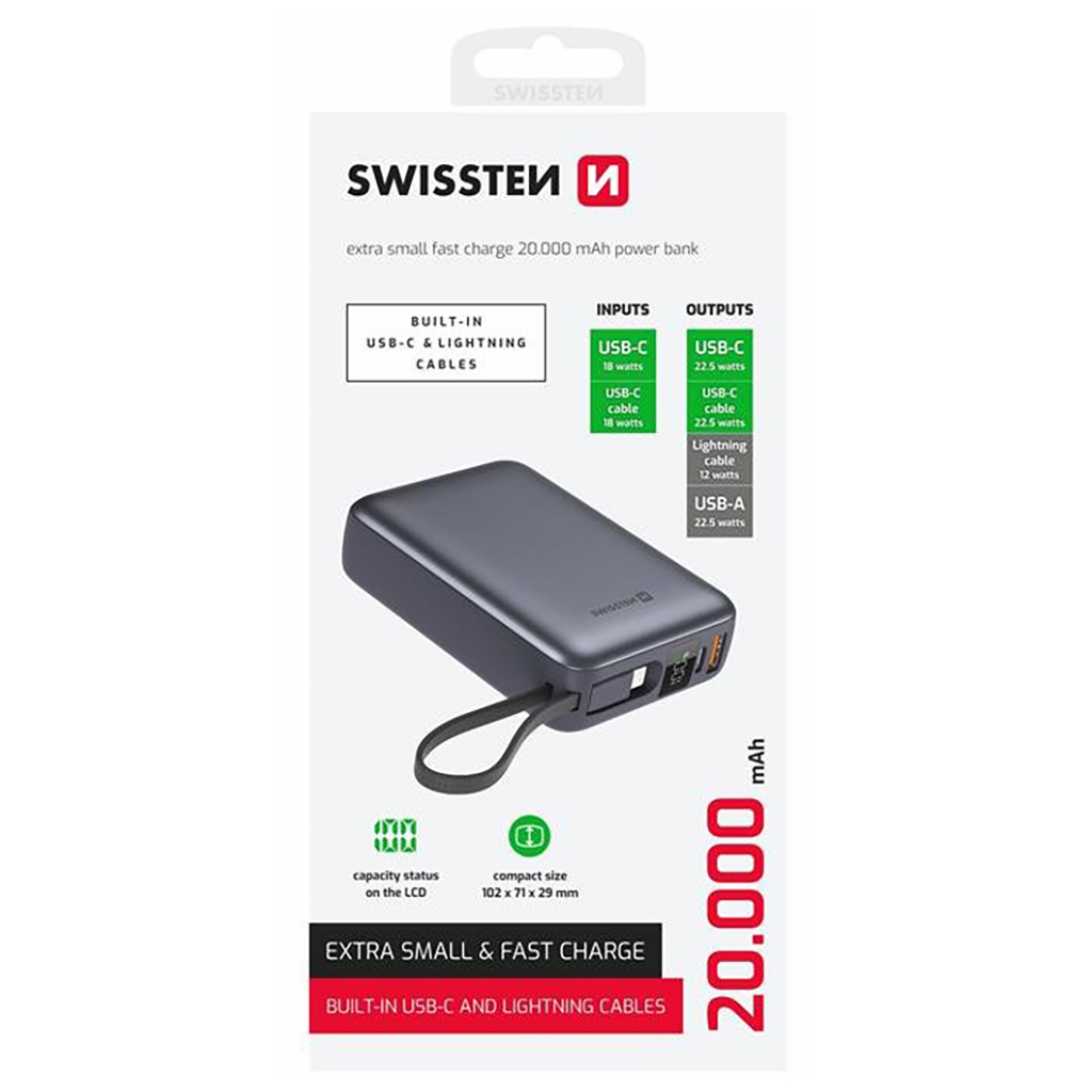 Повербанк SWISSTEN 20000mAh SPACE 22/5W PD QC w/built-in cables USB-C/LIGHTNING Silver (8595217490598)