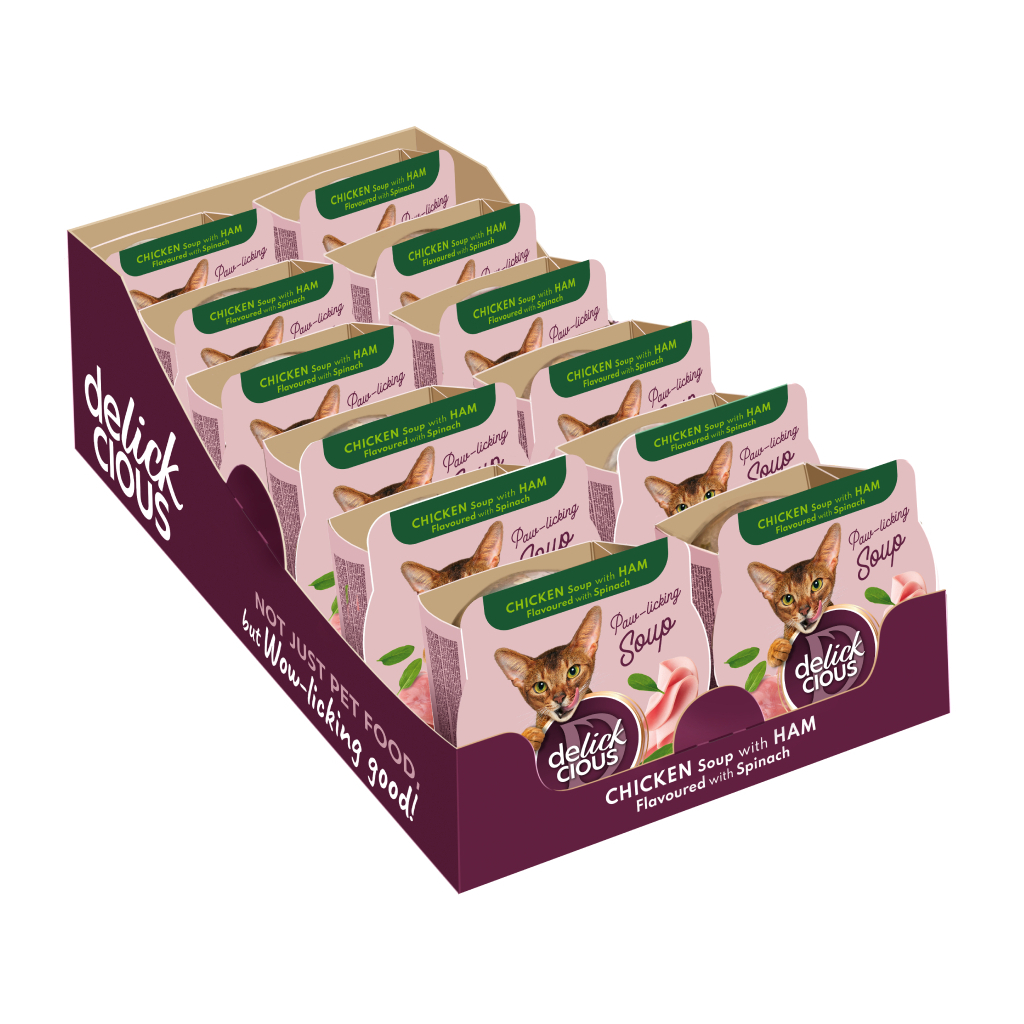 Вологий корм для кішок Delickcious Суп з курки з шинкою та додаванням шпинату 80 г (4820269141599)