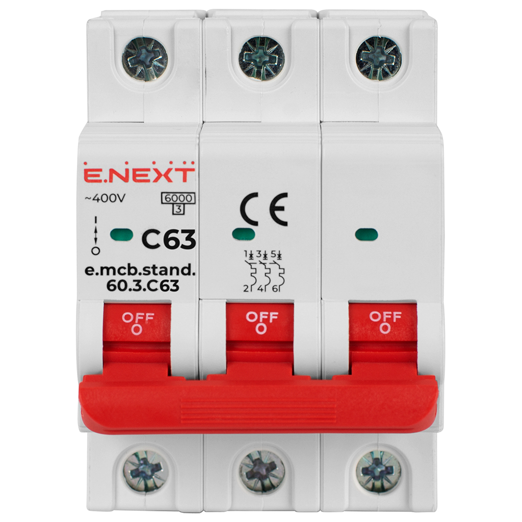 Автоматичний вимикач E.NEXT 3-п e.mcb.stand. 63А C ( 6кА) (s002137) Автоматичний вимикач E.NEXT 3-п e.mcb.stand. 63А C ( 6кА) (s002137)