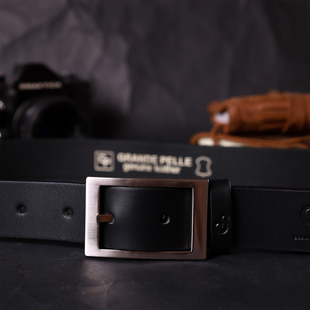 Ремінь Grande Pelle Шкіряний брючний з квадратною пряжкою Чорний (11678)