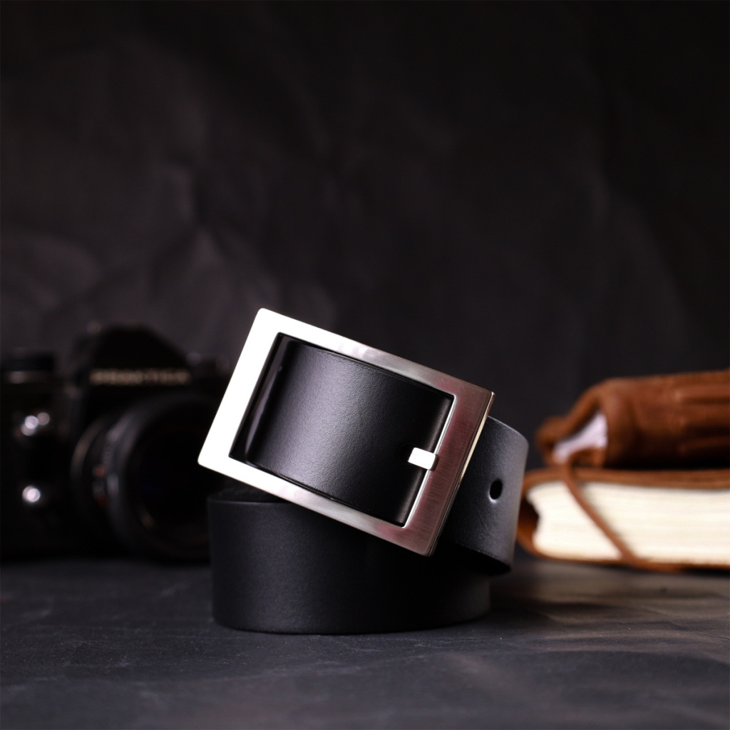 Ремінь Grande Pelle Шкіряний брючний з квадратною пряжкою Чорний (11678)