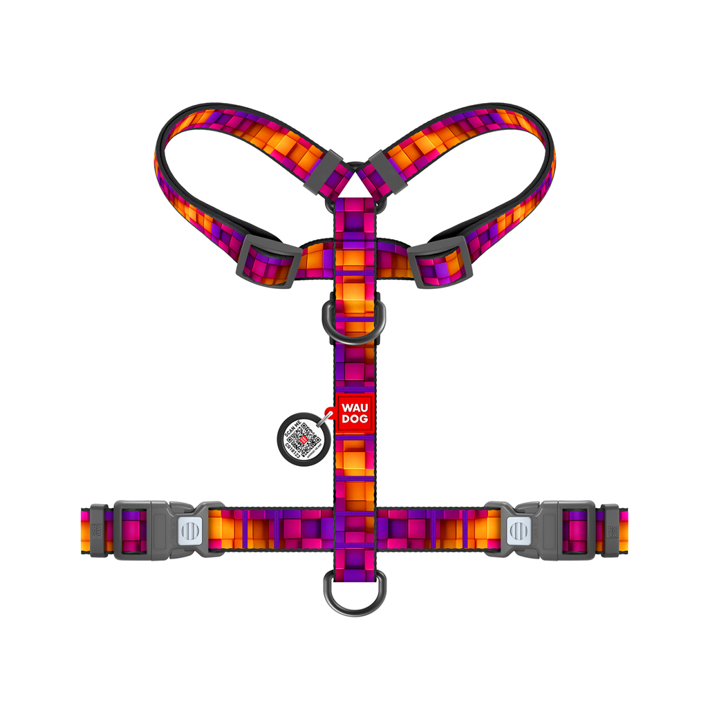 Шлея для собак WAUDOG H-подібна анатомічна Nylon з QR адресником "Куби 3Д" пластиковий фастекс L (345-4057)