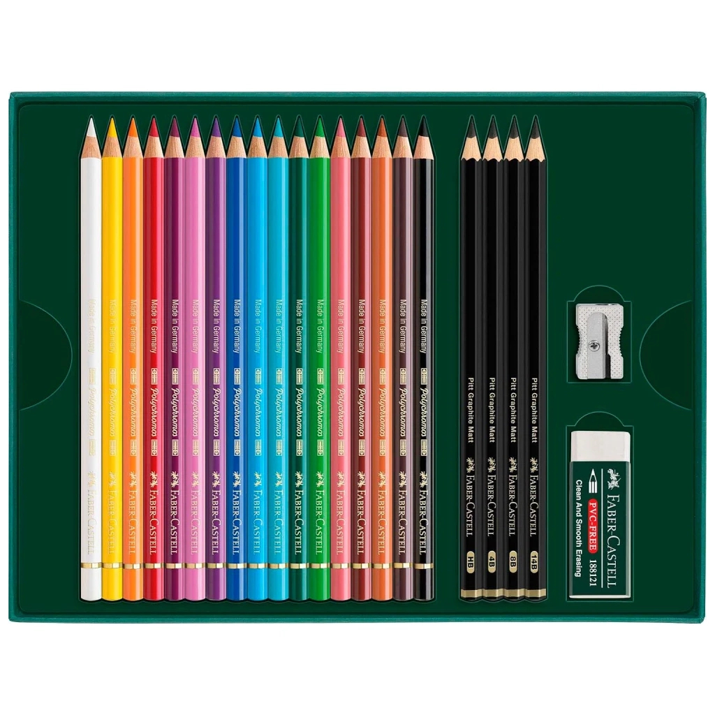 Олівці кольорові Faber-Castell Polychromos 17 кольорів з аксесуарами у картонній подарунковій коробці (210052) (32668)