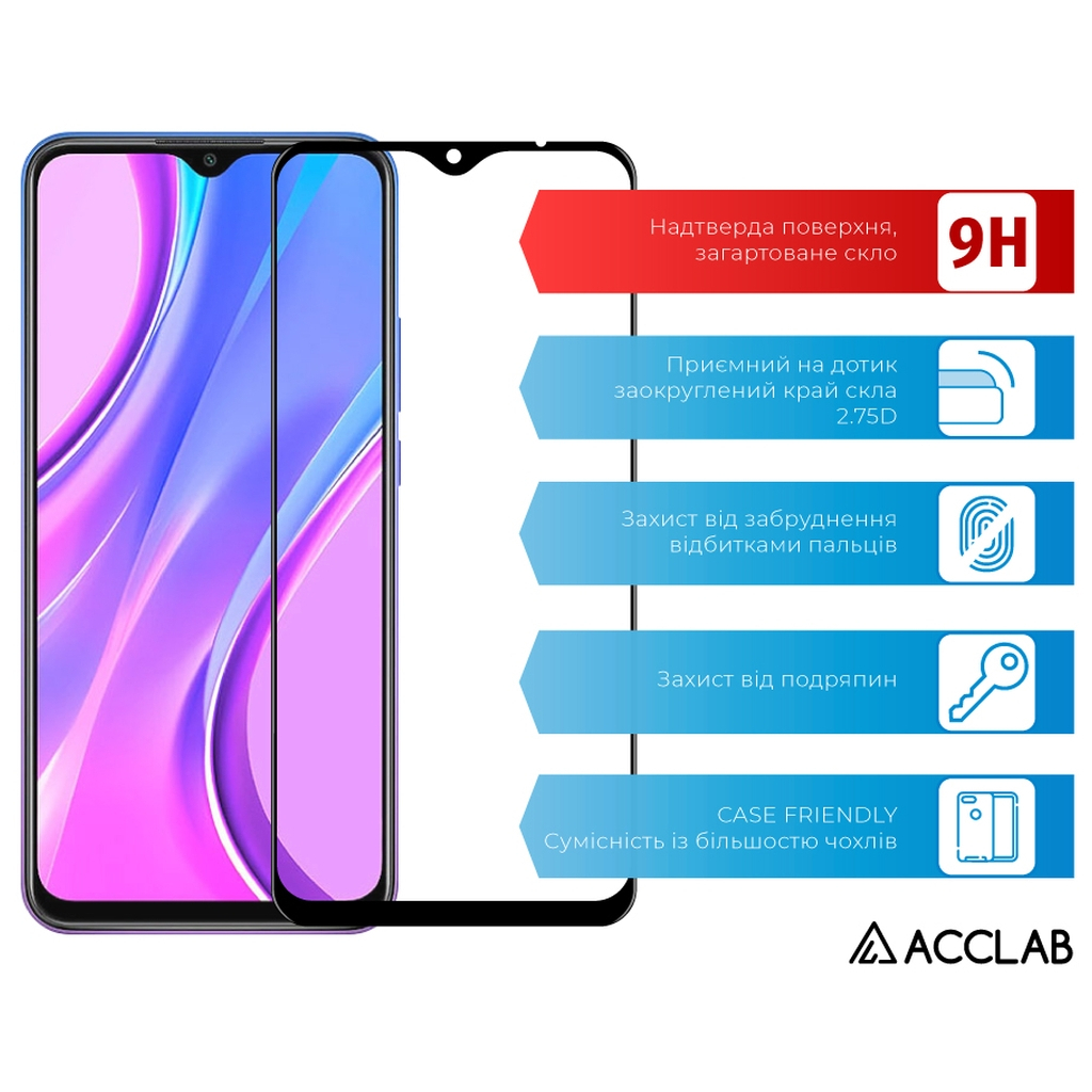 Скло захисне ACCLAB Full Glue Xiaomi Redmi 9 Black (1283126508813)