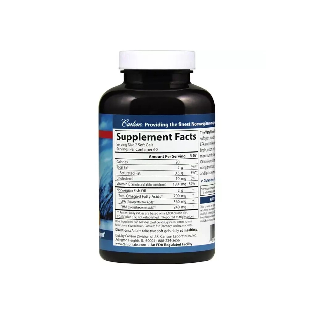 Жирні кислоти Carlson Риб'ячий Жир, Смак Лимона, The Very Finest, 120+30 желатинов (CL1634)