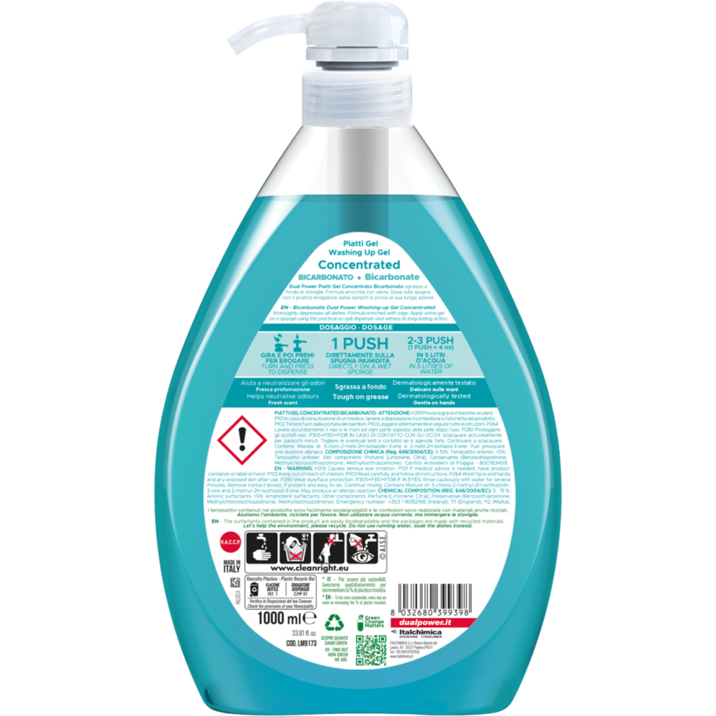 Засіб для ручного миття посуду Dual Power концентрований Сода та шавлія 1 л (8032680399398)