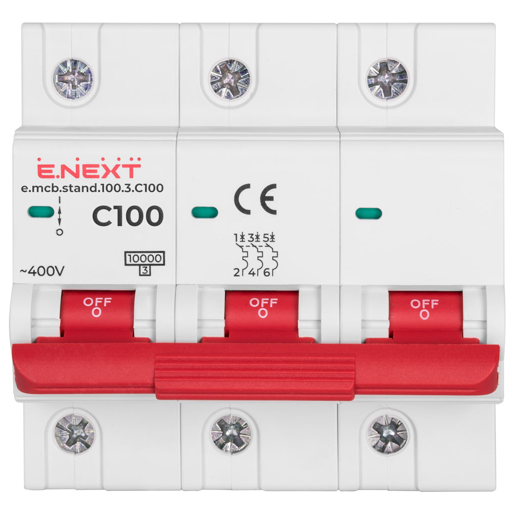 Автоматичний вимикач E.NEXT 3-п e.mcb.stand. 100А C ( 10кА) (s002214) Автоматичний вимикач E.NEXT 3-п e.mcb.stand. 100А C ( 10кА) (s002214)
