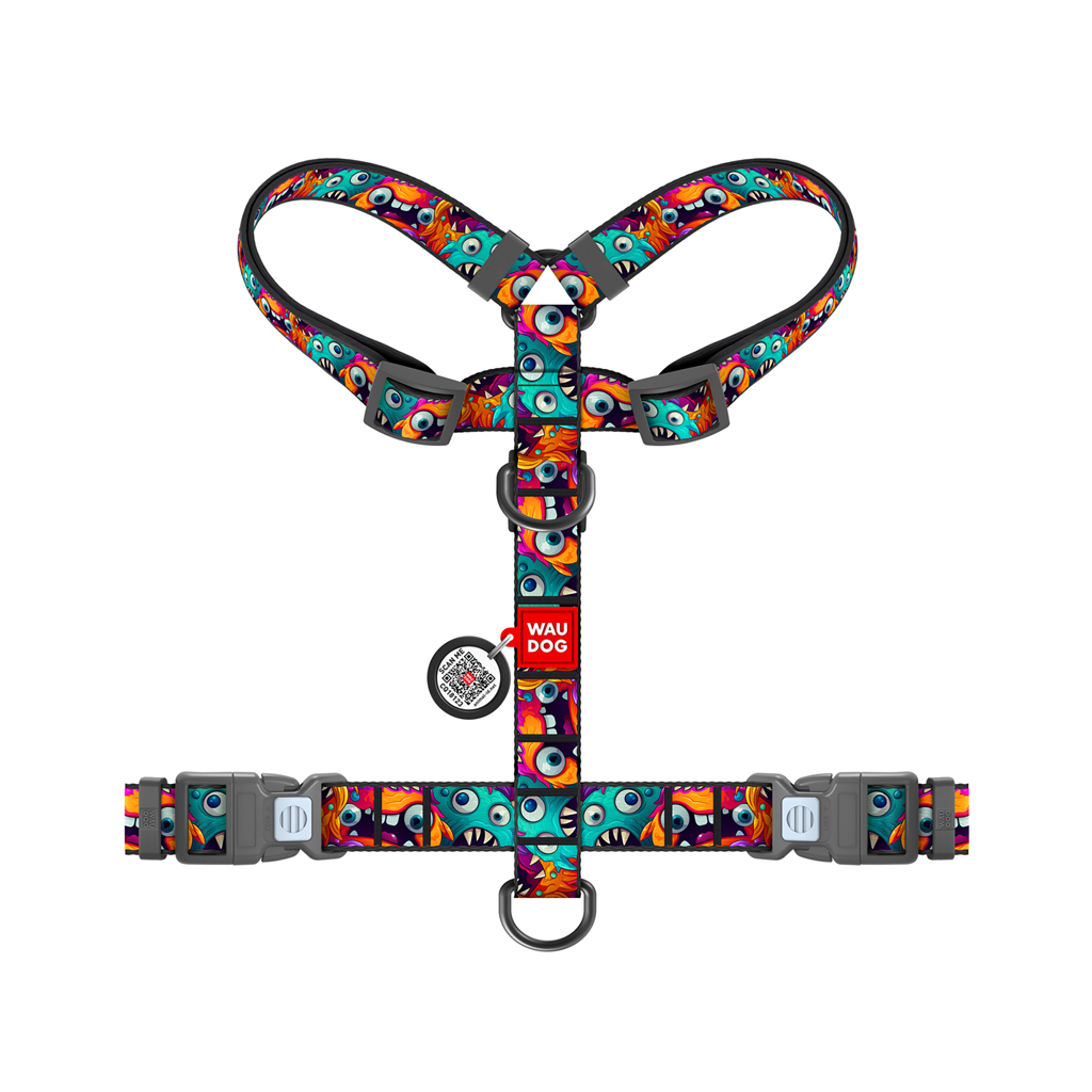 Шлея для собак WAUDOG Nylon анатомічна H-подібна з QR-паспортом "Зубасті монстри" пластиковий фастекс, M (344-4048)