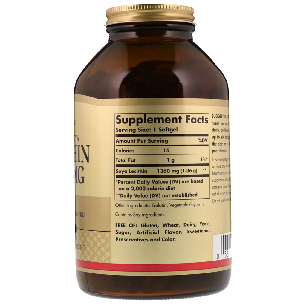 Амінокислота Solgar Лецитин невибілений 1360 мг, Natural Soya Lecithin, 100 жела (SOL01540)