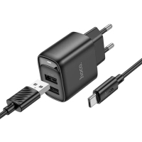 Зарядний пристрій HOCO C141A 2xUSB + cable USB to USB-C black (6942007627900)