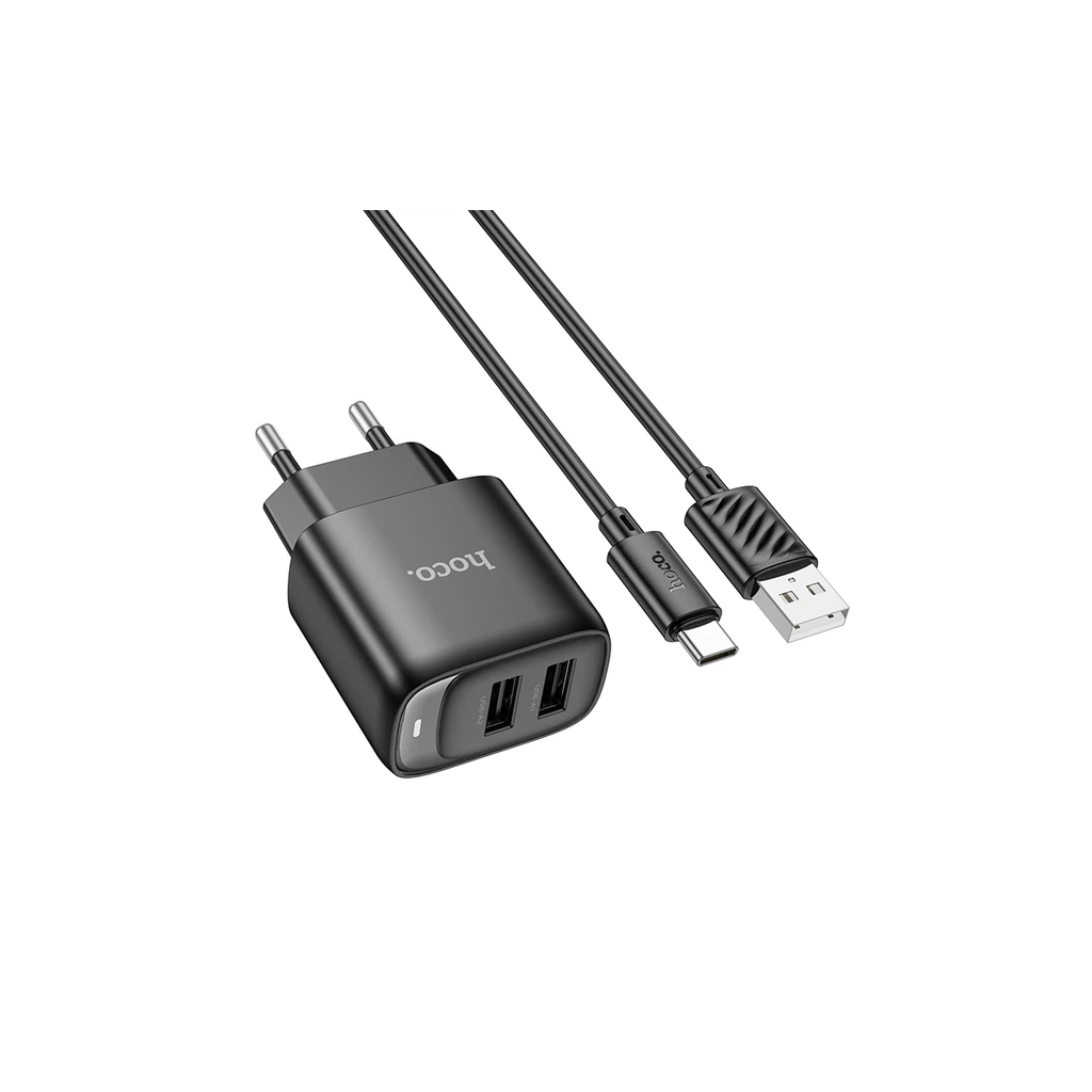 Зарядний пристрій HOCO C141A 2xUSB + cable USB to USB-C black (6942007627900)