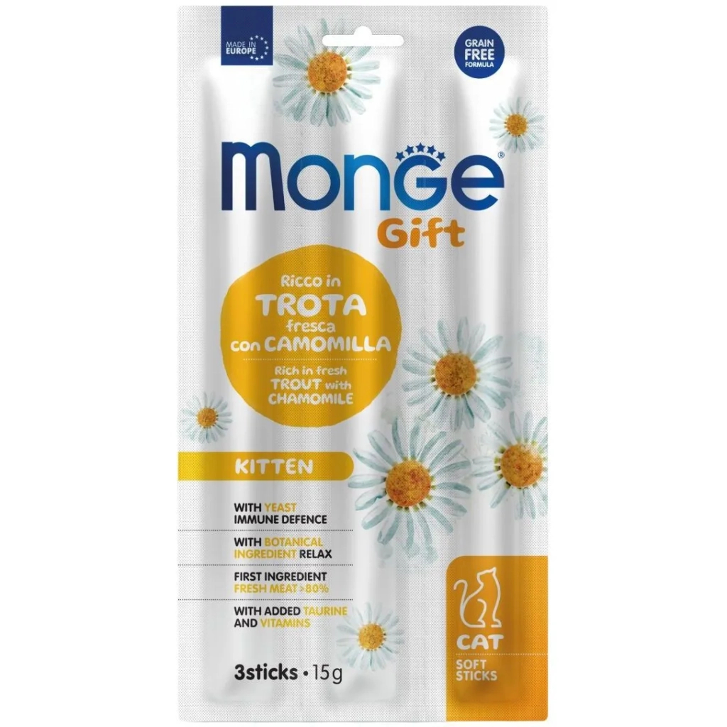 Ласощі для котів Monge Gift Cat Kitten форель з ромашкою 15 г (8009470085243)