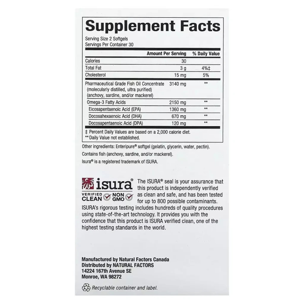 Жирні кислоти Natural Factors Омега-3 ультра, 2150 мг, RxOmega-3 Ultra Strength, 150 гелевих капсул (NFS-35490)