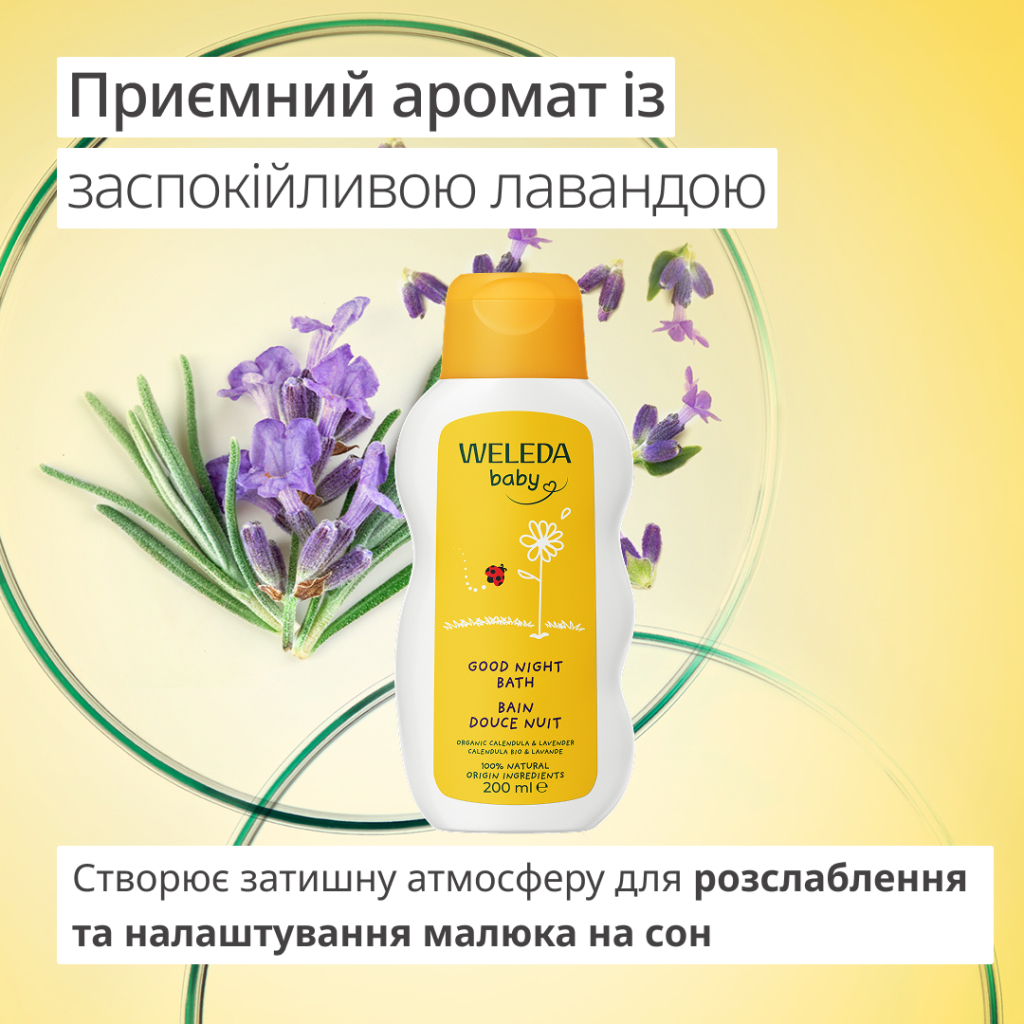 Дитячий гель для душу Weleda Good nig календула, засіб на травах для вечірнього купання 200 ml (3596200052705)