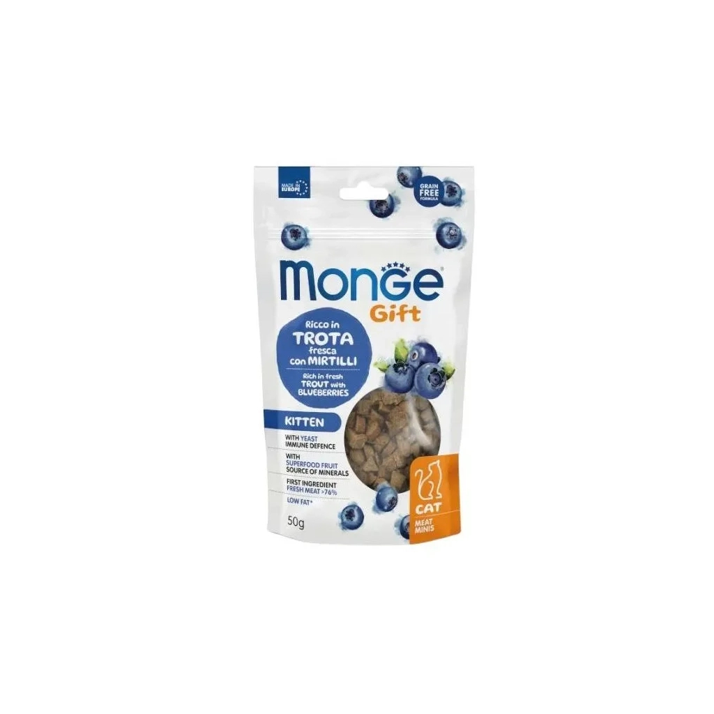 Ласощі для котів Monge Gift Cat Kitten форель з чорницею 50 г (8009470085151)