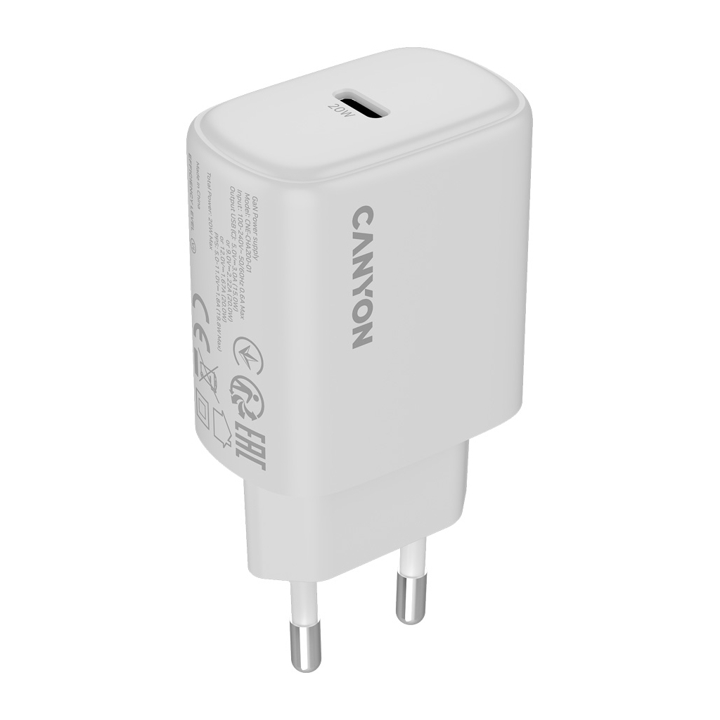 Зарядний пристрій Canyon OnCharge 200 20W 1xPD EU White (CNE-CHA200-01)