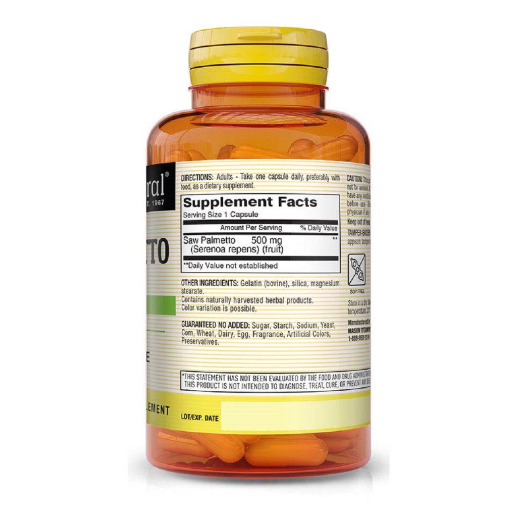 Трави Mason Natural Пальметто 500 мг, Здоров'я простати, Saw Palmetto, 60 капсул (MAV11515)