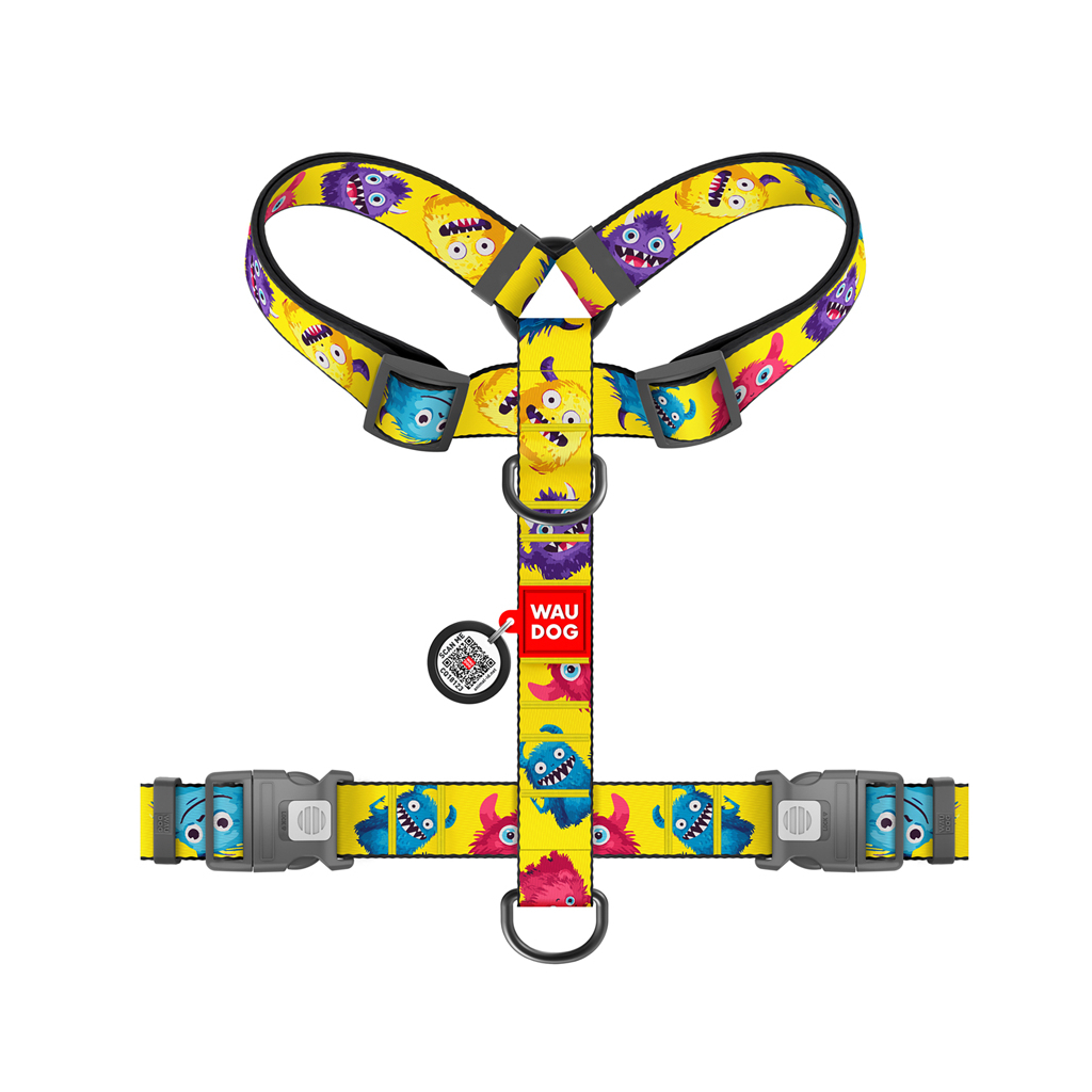 Шлея для собак WAUDOG H-подібна анатомічна Nylon з QR адресником "Мохнаті монстри" пластиковий фастекс XL (347-4050)