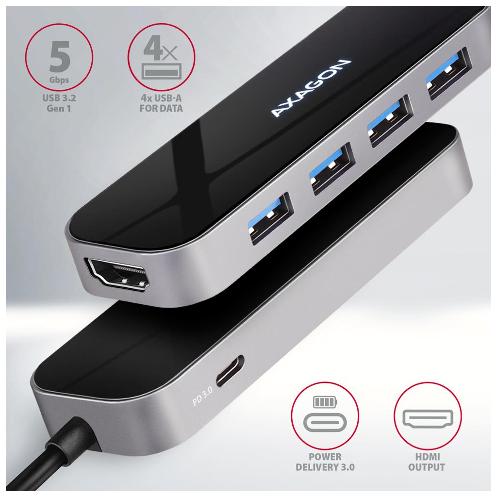 Концентратор AXAGON USB-C 6-in-1 to 4xUSB-A 5Gbps + 1xUSB-C PD100W + HDMI 4K30Hz 0.2m aluminum (HMC-6H4A)