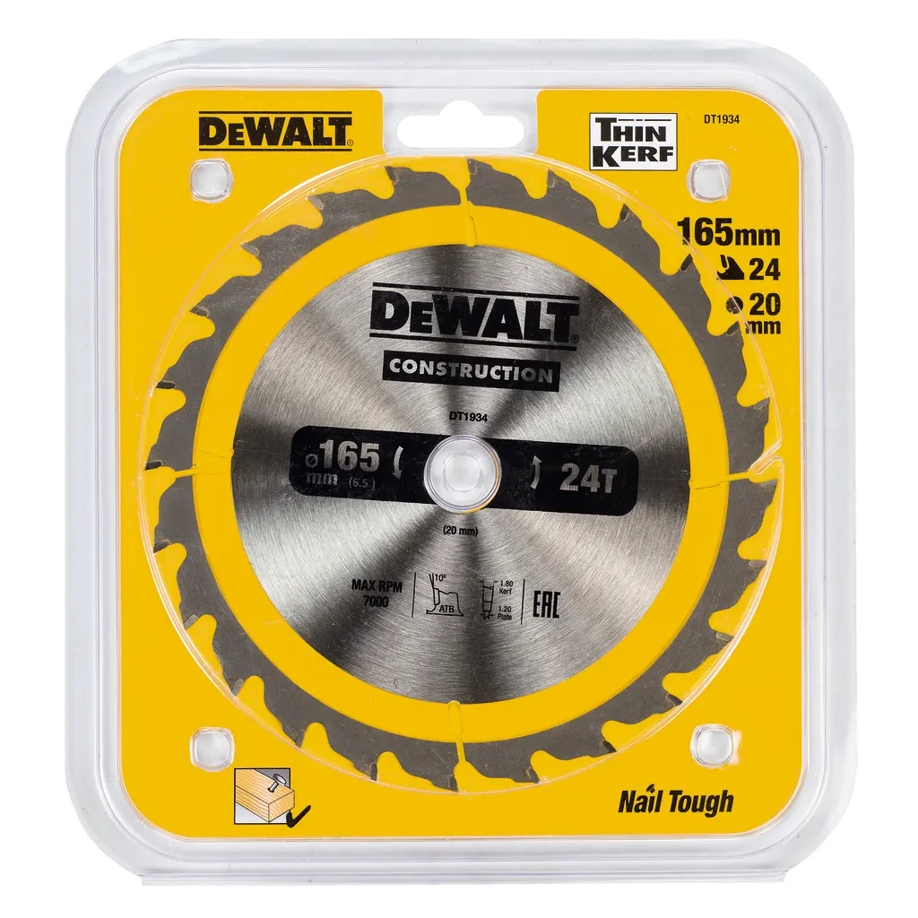 Диск пильний DeWALT CONSTRUCTION, 165х20 мм, 24z (ATB), +10 град (DT1934)