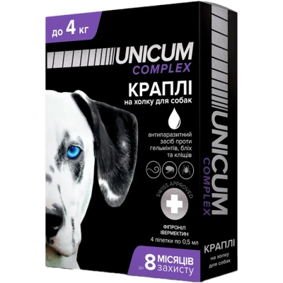 Краплі для тварин Unicum COMPLEX від бліх, кліщів та гельмінтів на холку для собак до 4 кг/4 шт (4820150202507)