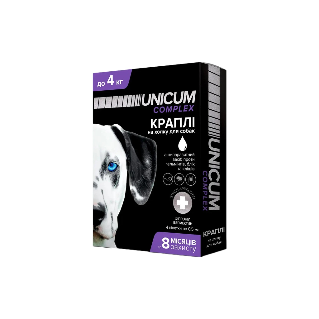 Краплі для тварин Unicum COMPLEX від бліх, кліщів та гельмінтів на холку для собак до 4 кг/4 шт (4820150202507) Краплі для тварин Unicum COMPLEX від бліх, кліщів та гельмінтів на холку для собак до 4 кг/4 шт (4820150202507)