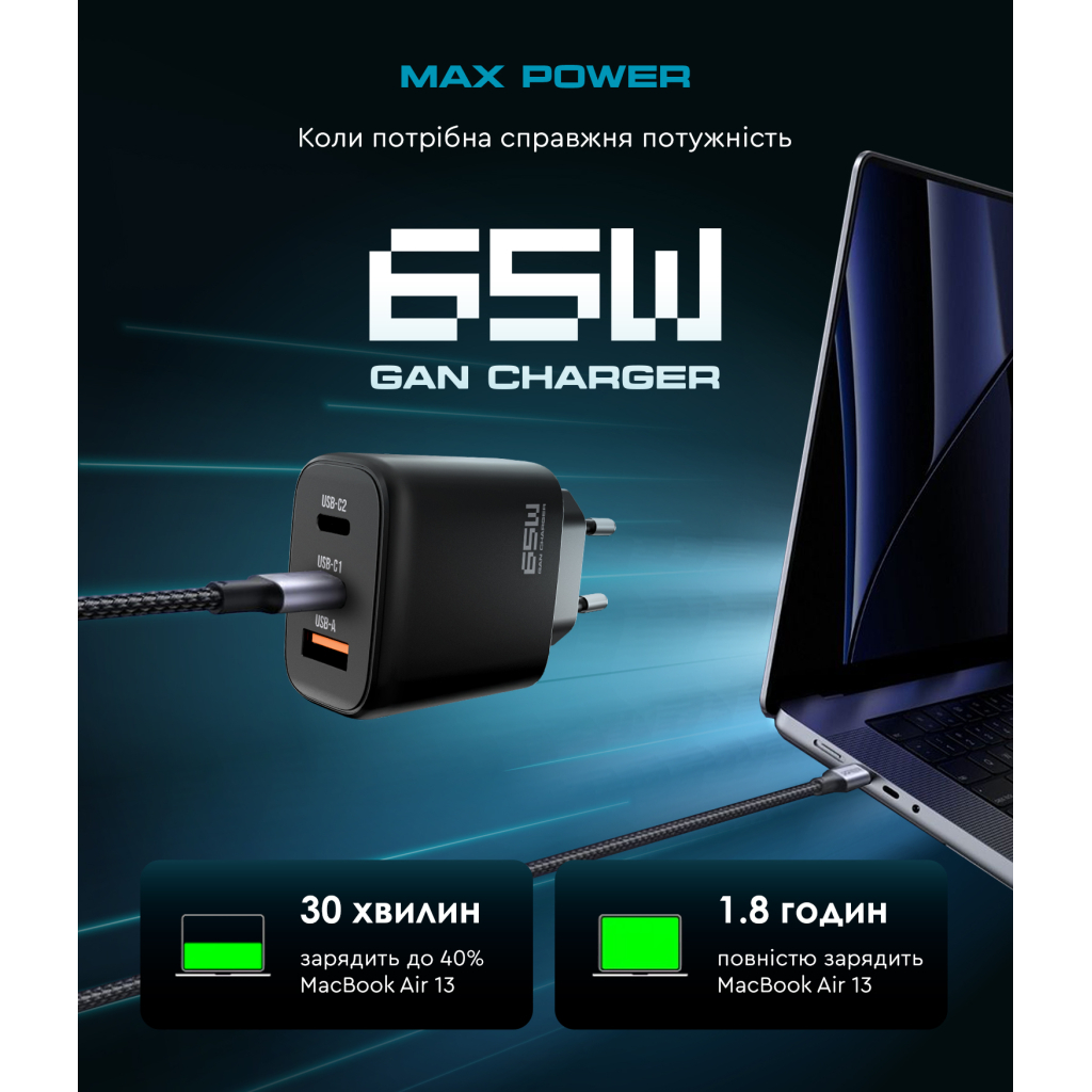 Зарядний пристрій Armorstandart ARP-621 Resolute Power USB-C 65W GaN Black (ARM70023)