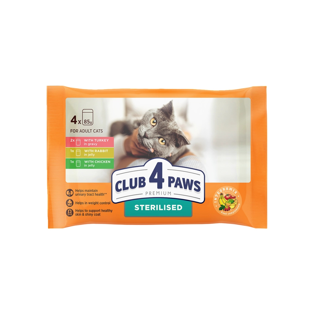 Вологий корм для кішок Club 4 Paws Premium для стерилізованих з індичкою, кроликом і куркою 4х85 г (4820269145245) Вологий корм для кішок Club 4 Paws Premium для стерилізованих з індичкою, кроликом і куркою 4х85 г (4820269145245)