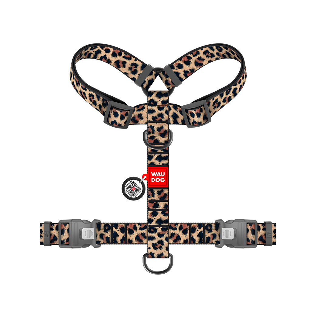 Шлея для собак WAUDOG Nylon анатомічна H-подібна з QR-паспортом "Леопард" пластиковий фастекс, L (345-4066)