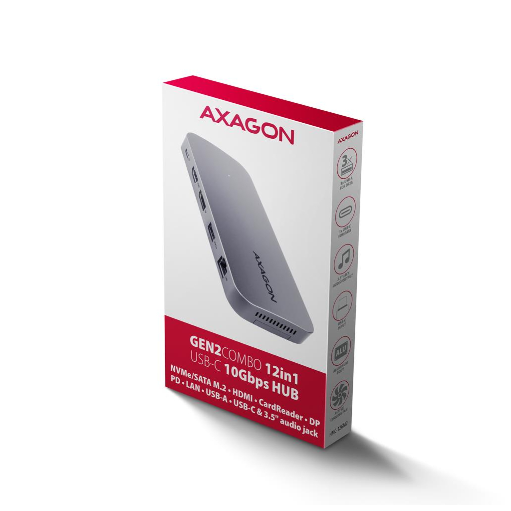 Концентратор AXAGON USB-C 12-in-1 HDMI + DisplayPort + RJ45 1000Mbps + PD100W aluminum gray (HMC-12GM2)