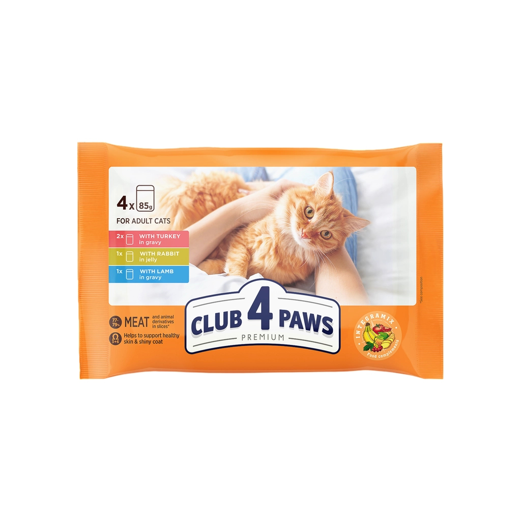 Вологий корм для кішок Club 4 Paws Premium з індичкою, кроликом і ягням 4х85 г (4820269145825) Вологий корм для кішок Club 4 Paws Premium з індичкою, кроликом і ягням 4х85 г (4820269145825)
