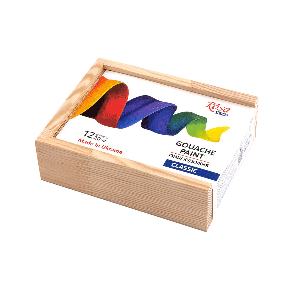 Гуашеві фарби Rosa Studio Classic 12 кольорів по 20 мл, дерев’яний пенал (4823098540632)