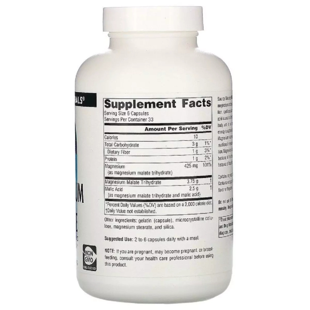 Мінерали Source Naturals Магній малат, Magnesium Malate, 200 капсул (SNS-01600)