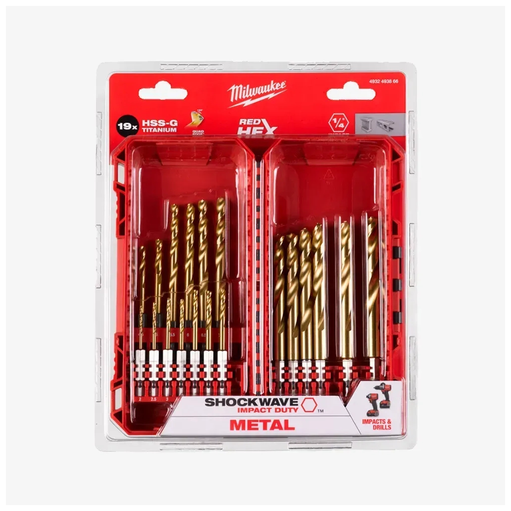 Набір свердл Milwaukee по металу PACKOUT RedHEX HSS-G TiN, 19шт (4932493866) Набір свердл Milwaukee по металу PACKOUT RedHEX HSS-G TiN, 19шт (4932493866)