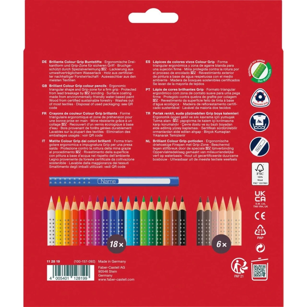 Олівці кольорові Faber-Castell GripSkin tonesакварельних 18 кольорів + 6 шт різних відтінків шкіри (112819) (32522)