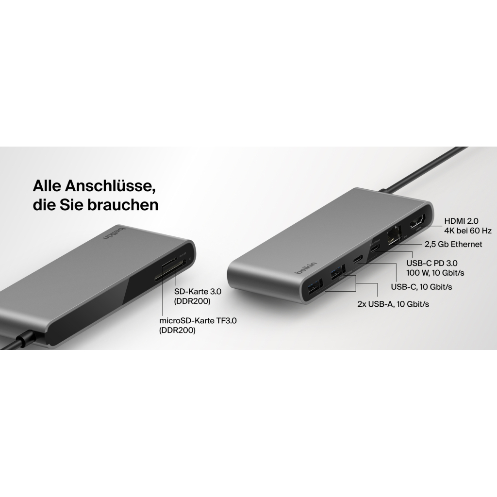 Концентратор Belkin USB-C 8-in-1 2xUSB 3.2 + 2xUSB-C PD100W + HDMI 2.0 4K60Hz + RJ45 2.5Gbps + SD/microSD (INC024HQSGY)
