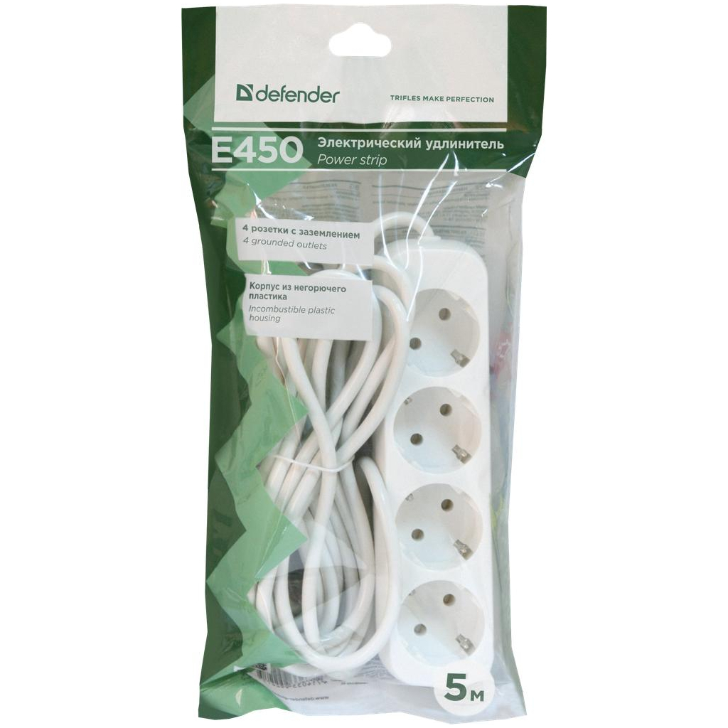 Мережевий подовжувач Defender S450 5.0 m 4 роз switch white (99239)