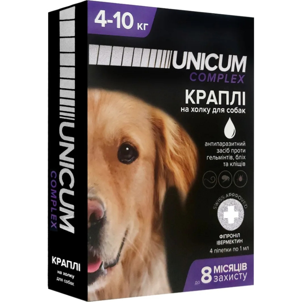 Краплі для тварин Unicum COMPLEX від бліх, кліщів та гельмінтів на холку для собак 4-10 кг/4 шт (4820150202514) Краплі для тварин Unicum COMPLEX від бліх, кліщів та гельмінтів на холку для собак 4-10 кг/4 шт (4820150202514)