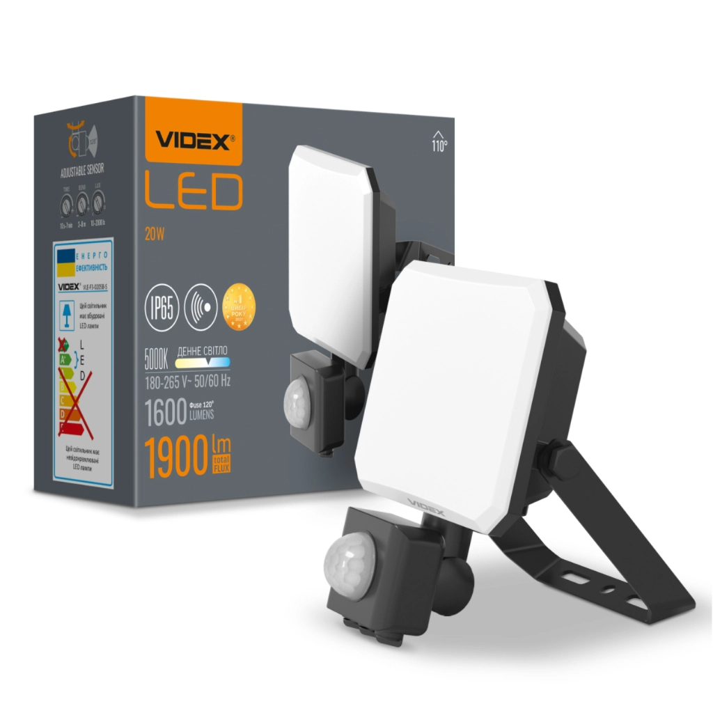 Прожектор Videx F3 20W 5000K з датчиком руху 220V Black (VLE-F3-0205B-S)