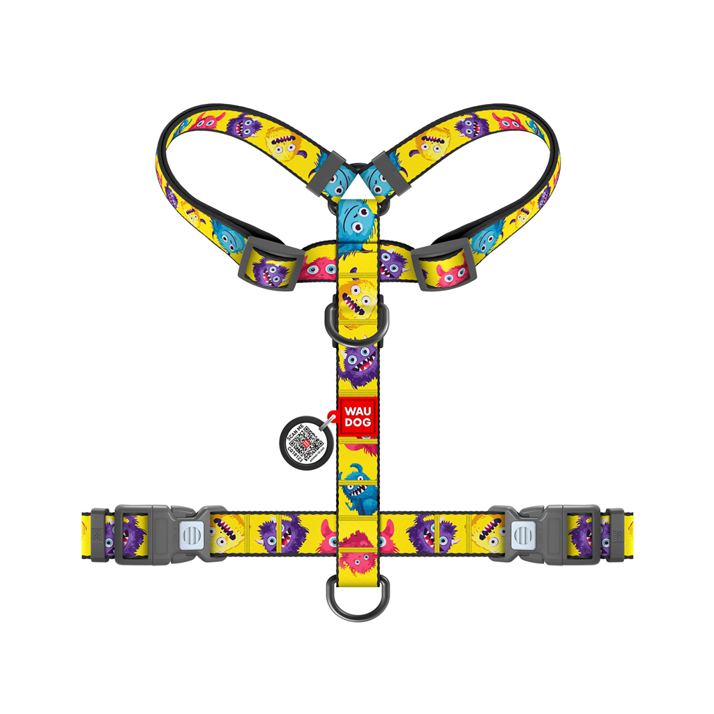 Шлея для собак WAUDOG Nylon анатомічна H-подібна з QR-паспортом "Мохнаті монстри" пластиковий фастекс, L (345-4050)
