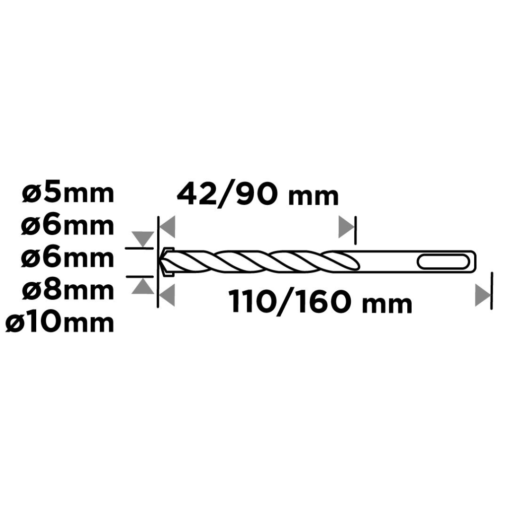 Набір свердл Graphite по бетону, SDS Plus, 5x6x110мм, 6x8x10x160мм, кейс, 5шт (56T169)