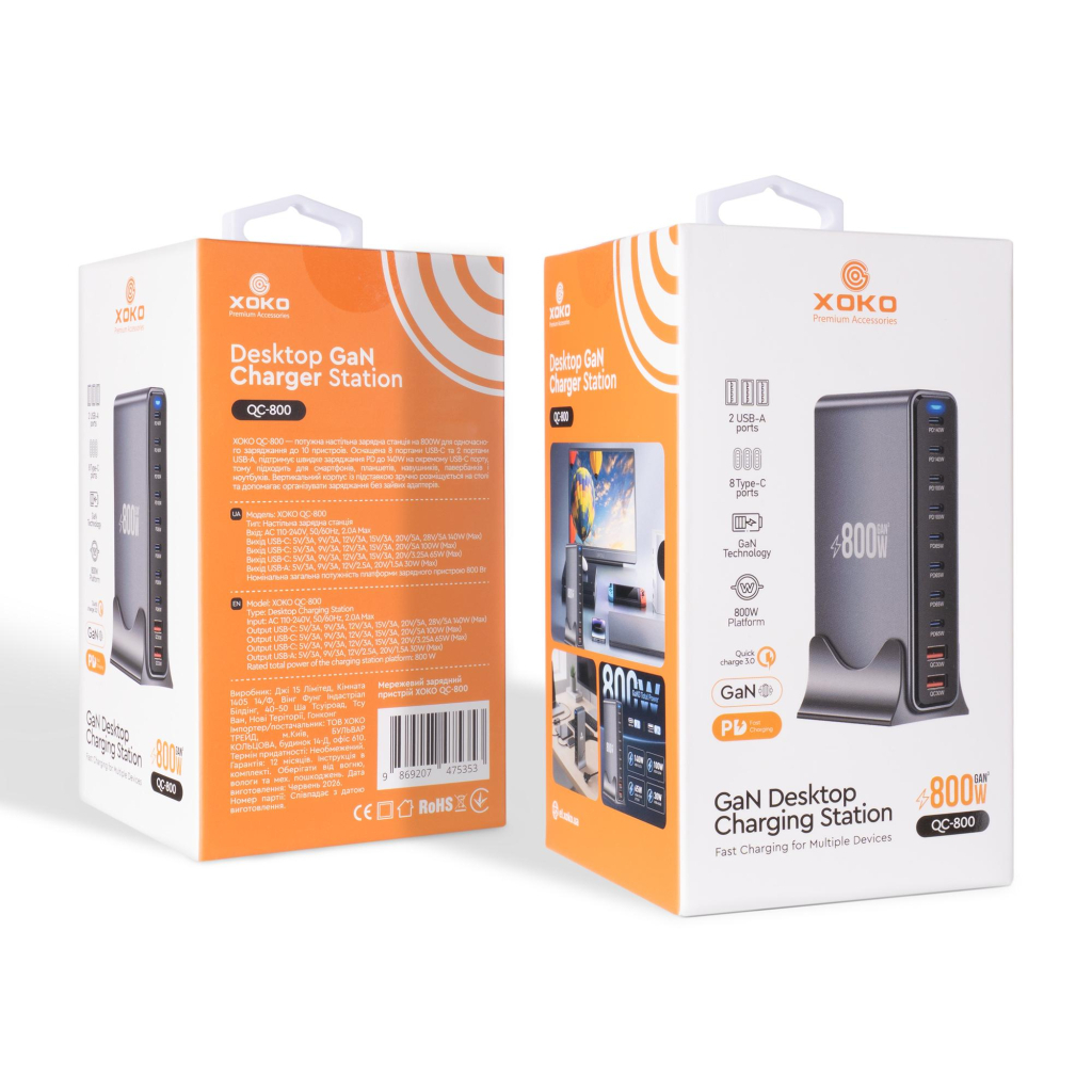 Зарядний пристрій XoKo 8xUSB-C PD 65 - 140W + 2xUSB QC30W GaN3 800W (XK-QC-800)